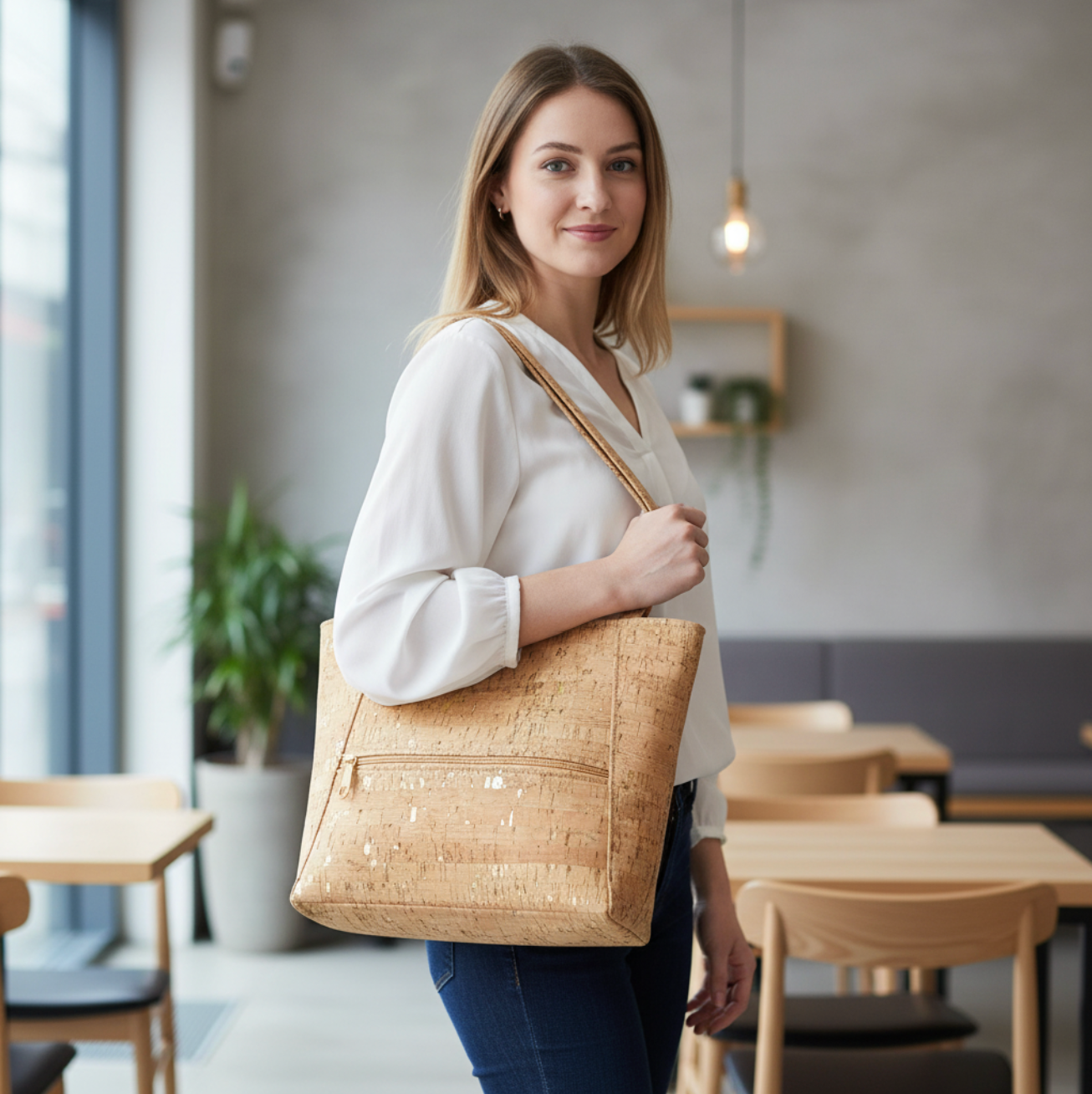bumble bags natalie travel tote Cork SMALL Tote Bag with Front Zipper Pocket