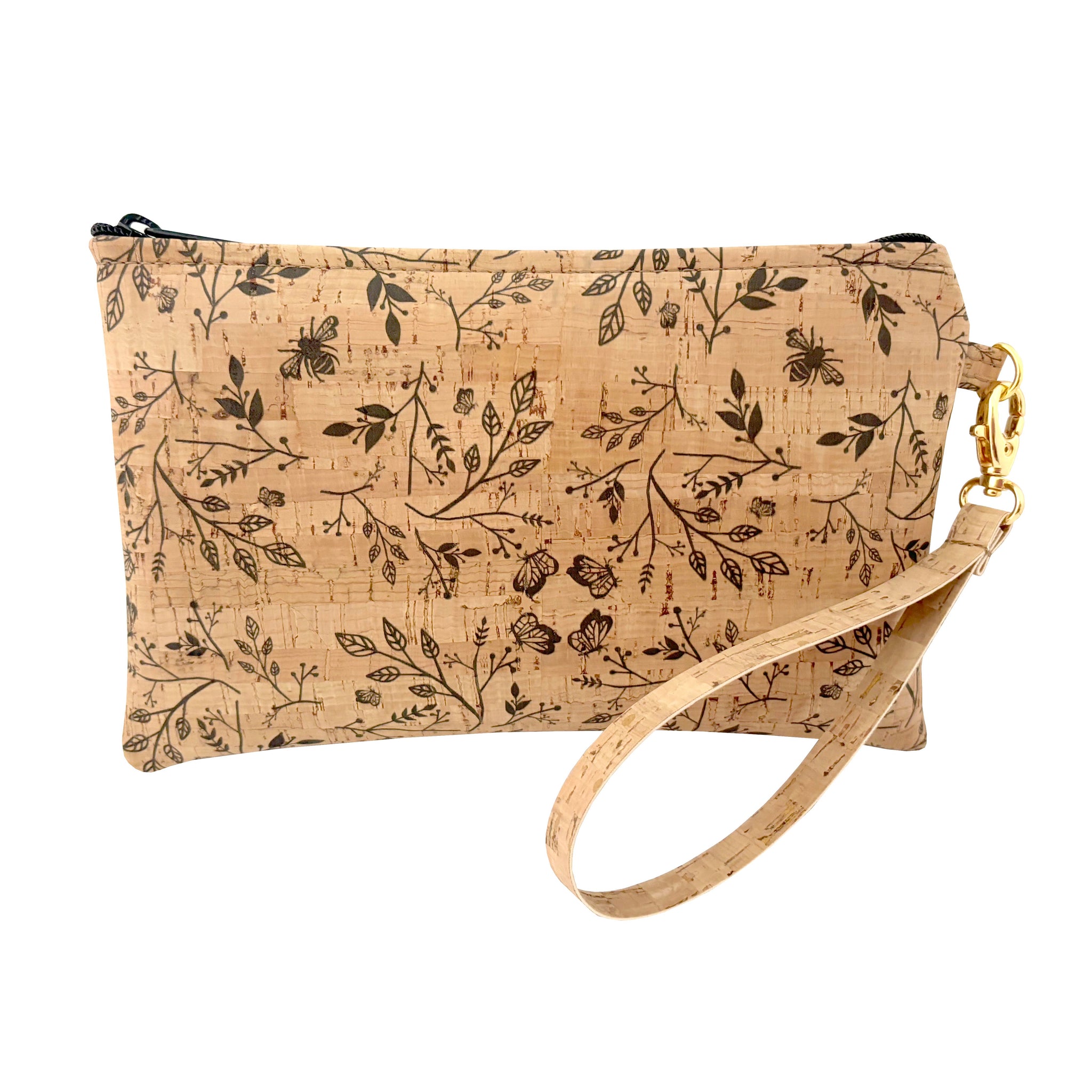 Cork Simple Wristlet in 2 Sizes | Black Floral Print  Cork Satchel with wristlet main image 0